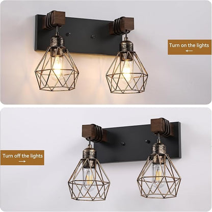 VbiTmn Black Gold Bathroom Light Fixtures, 2-Light Farmhouse Vanity Light | Metal Diamond Shade, Rustic Wall Mount Over Mirror for Bedroom & Hallway, Easy to Install, Sturdy Build for Bathroom Use