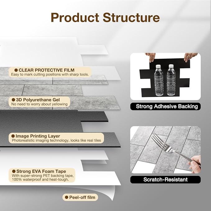 Peel and Stick Backsplash Tile for Kitchen & Bathroom Walls (Matte Grayish Textured, 10 Tiles - 9.7 sq. ft. (0.9 m²))
