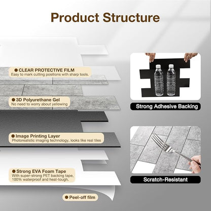 Peel and Stick Backsplash Tile for Kitchen & Bathroom Walls (Matte Grayish Textured, 10 Tiles - 9.7 sq. ft. (0.9 m²))
