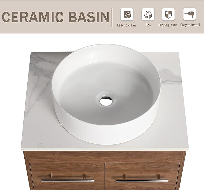 24" Bathroom Vanity, 24 Inch Freestanding Vanity with Ceramic Vessel Sink, Modern Single Sink Bathroom Vanity Combo, Brown Floor Stand Storage Cabinet Set(BRE400, 24 * 18)