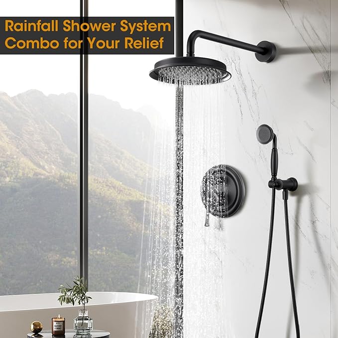 Antique Rain Shower Head with Handheld Spray, Matte Black Rain Shower System with Rough-in Balance Pressure Valve, 9 inch Bathroom Luxury Rain Fall Shower Head Wall Mount Round, (B2312-BK)