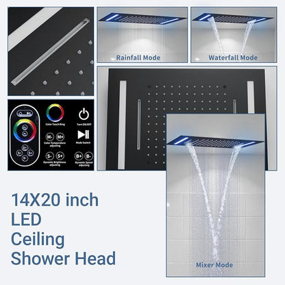 Temperature Display Shower Faucet Set Matte Black Shower System | 14x20-Inch Rainfall Waterfall LED Shower Head and Handle Set, 3 Modes Can Be Used Simultaneously