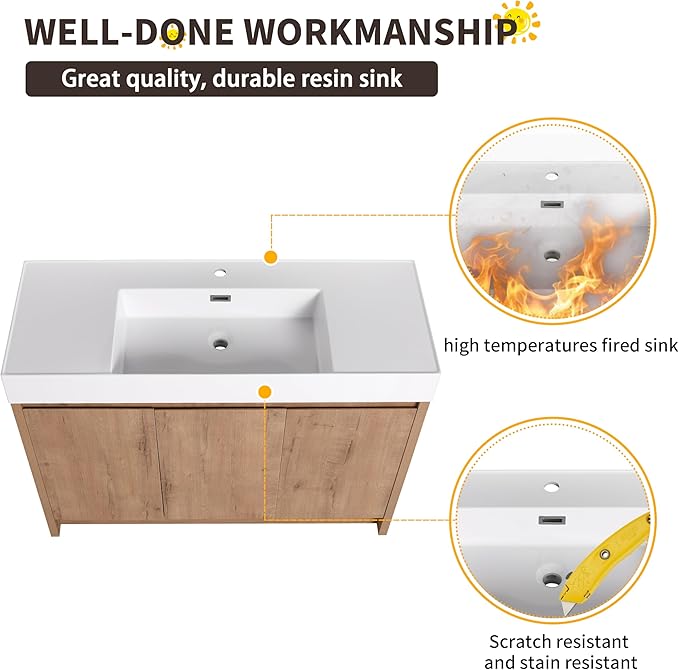 48 Inch Bathroom Vanity with Sink, Imitative Oak Modern Freestanding Vanity Set with Soft-Closing Door and Resin Basin, Contemporary Styling for Elegant Bathrooms
