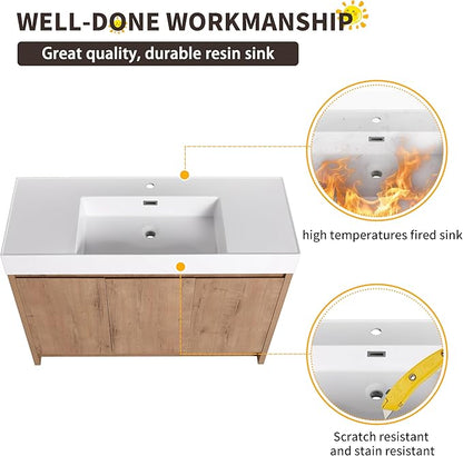 48 Inch Bathroom Vanity with Sink, Imitative Oak Modern Freestanding Vanity Set with Soft-Closing Door and Resin Basin, Contemporary Styling for Elegant Bathrooms