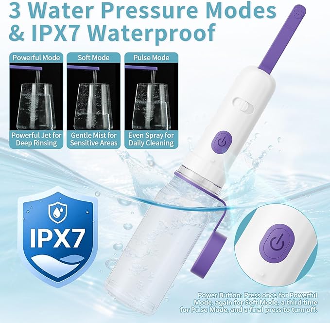 Portable Bidet for Travel with 260ML Bottle, Rechargeable Electric Bidet Bottle for Women Men Baby Cleaning, Waterproof High Pressure Sprayer for Personal Hygiene (White & Purple)