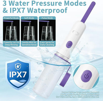 Portable Bidet for Travel with 260ML Bottle, Rechargeable Electric Bidet Bottle for Women Men Baby Cleaning, Waterproof High Pressure Sprayer for Personal Hygiene (White & Purple)