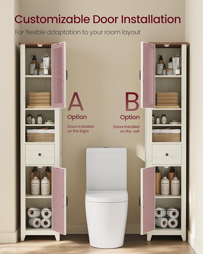 VASAGLE LIRY Collection -Tall Bathroom Cabinet, Farmhouse Freestanding Storage Cupboard with Drawer and Doors, Narrow Space Saver, 13 x 12.4 x 67.3 inch,Rustic White and Honey Brown, UBBK660W101S