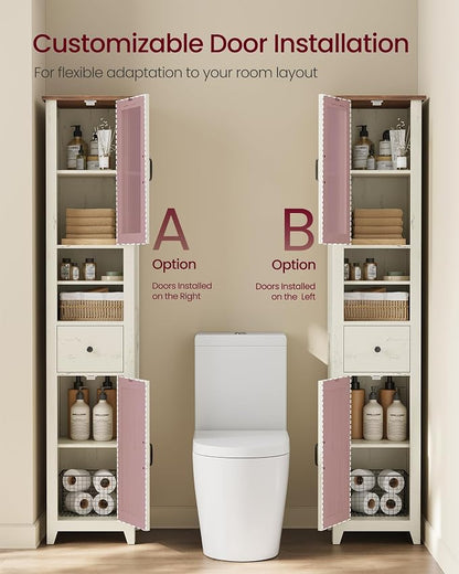 VASAGLE LIRY Collection -Tall Bathroom Cabinet, Farmhouse Freestanding Storage Cupboard with Drawer and Doors, Narrow Space Saver, 13 x 12.4 x 67.3 inch,Rustic White and Honey Brown, UBBK660W101S
