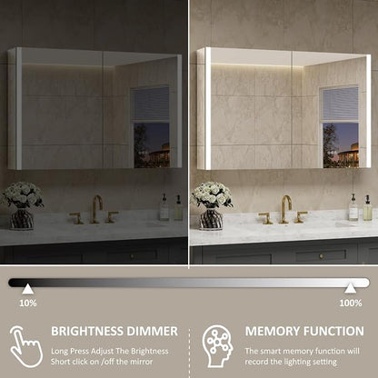 48 x 32 Inch Medicine Cabinet with Mirror and LED Light for Bathroom | Recessed, Wall-Mounted, Dimmable, Anti-Fog, Memory Function, 3 Color Mode, Outlet&USB, Adjustable Shelf, ETL Listed, Aluminum