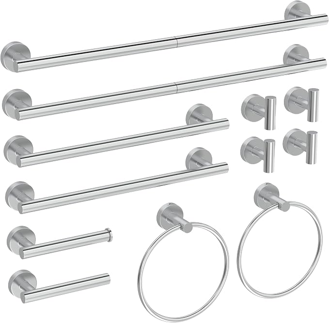 12 Pcs Chrome Bathroom Hardware Accessories Set SUS304 Stainless Steel | Bath Towel Bar Set, Toilet Paper Holders, Towel Rings Racks, Robe Towel Hooks by HOMEMYSTIQUE