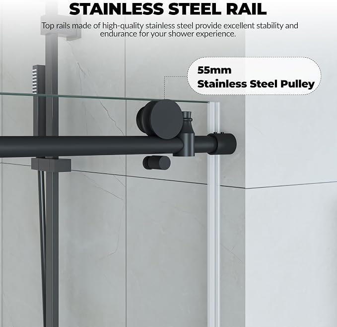 Garvee Sliding Shower Door 44-48 inch W x 76 inch H | Frameless Glass Shower Door with Round Stainless Steel Rail, 8mm Tempered Glass Shower Door, Matte Black