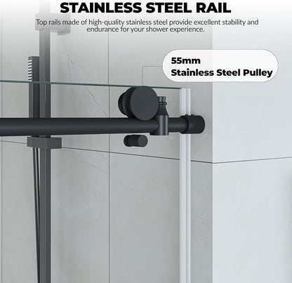 GarveeLife Frameless Sliding Shower Door 44-48 Inch W× 76 Inch H – Matte Black Stainless Steel Round Rail, Fixed Panel and Sliding Glass Shower Door with 6mm Tempered Glass, Easy Clean Coating