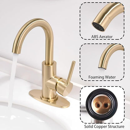 Gold Bathroom Faucets with Pop-Up Drain, Modern Single Hole Bathroom Sink Faucet with Deck Plate Single Handle Lavatory Faucets Brushed Gold Bar Vanity Faucet