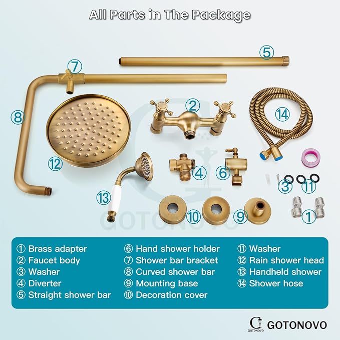 gotonovo Exposed Shower Faucet Set Luxury,Antique Brass,Straight Rod | Bathroom 8” Shower Head with Handheld Spray System Fixtures,Vintage Two Cross Handle,Wall Mount,for 5-6.7" Hole,Adjust Height