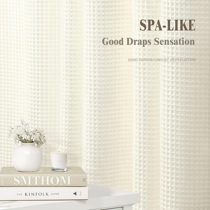 Waffle Weave Shower Curtain Heavyweight Cotton Fabric Ivory 72Wx72L | Soft Cotton Cloth,3D Square Truely Waffle Washable, Hotel Luxury Spa, Shower Curtain Set for Bathroom 12 Plastic Hooks