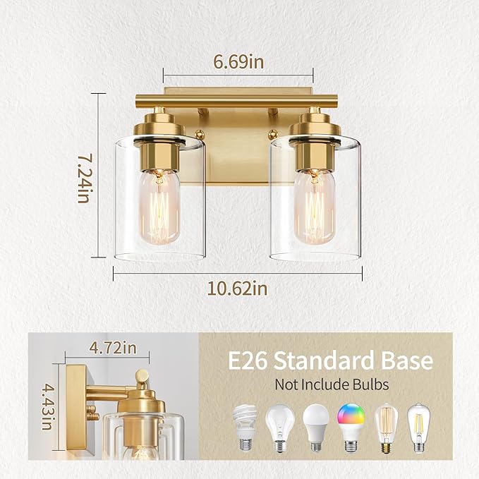 Bathroom Vanity Light Over Mirror,Bathroom Light Fixture Wall Sconce Lighting for Bedroom,Living Room (Gold, 2-Light)