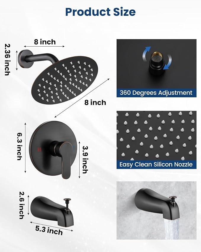 Airuida Shower Faucet Set with Tub Spout,8" Bathtub Faucet-Oil Bronze | Male Threads Rough-In Valve,Round Head Shower System,Tub and Shower Kit Set