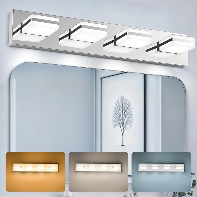 VONLUCE LED Modern Bathroom Vanity Light Fixture, Chrome | 26'', 4-Light, 3CCT, 360° Rotate, High CRI, Flicker-free, Dimmable, Memory Function, Waterproof IP44, Easy Installation
