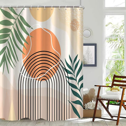 Mid Century Shower Curtain, Stall Abstract Boho Minimalistic Arch Sun Leaf Machine Washable Waterproof Fabric for Bathroom Bathtub with Hooks 60Wx72H