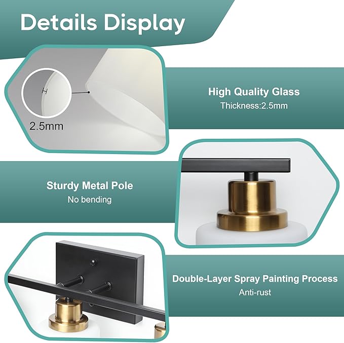 Ascher Bathroom Light Fixtures, 3-Light Vanity Light Over Mirror, Black and Gold Wall Sconces with Milky White Frosted Glass Shades, Wall Lamp for Living Room Bedroom, E26 Base(Bulbs Not Included)