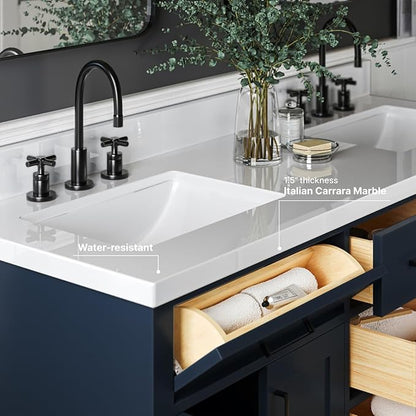ARIEL Hepburn 60-inch Bathroom Vanity with Sink,Solid Wood, 1.5-inch Pure White Quartz Countertop, Double Rectangular Porcelain Sink, 4 Soft Closing Doors, 6 Dovetail Drawers, Midnight Blue