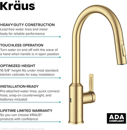 Kraus Oletto Kitchen Faucets Touchless Sensor Single Handle Pull-Down Sprayer in Brushed Brass, KSF-2830BB