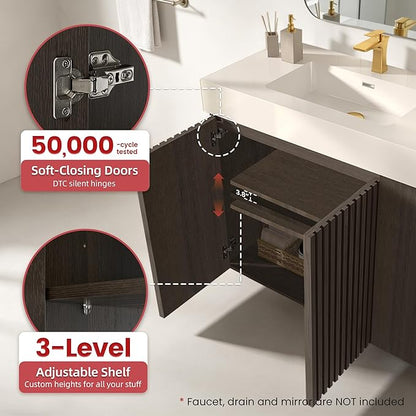 36" Bathroom Vanity with Sink, Freestanding Single Sink Bathroom Vanity with White Engineered Stone Top & Open Side Storage, Soft-Closing Doors with Adjustable Shelf, Smoked Oak Brown