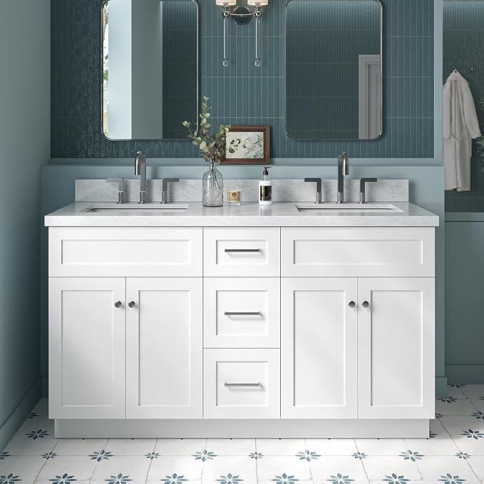 ARIEL Hamlet 60-inch Bathroom Vanity with Sink,Solid Wood, 1.5-inch Italian Carrara Marble Countertop, Double Rectangular Porcelain Sink, 4 Soft Closing Doors, 3 Dovetail Drawers, White