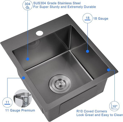 18"x18" Drop-In Single Bowl Sink 18 Gauge 304 Black Steel 1-Hole | 18 inch Black Drop-in Sink | 9" Deep Basin | Topmount/Overmount | 1-hole | Single Bowl | Small Kitchen/Wet Bar