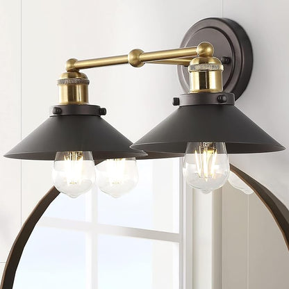 JONATHAN Y 17.5" Oil Rubbed Bronze/Brass Gold 2-Light Industrial Farmhouse Metal Vanity Light Wall Sconce, Metal Shade for Bathroom Mirror, Kitchen, Entryway, LED Bulb Included (JYL7427C)