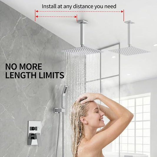 SR SUN RISE SRSH-C1003 Ceiling Mount Bathroom Luxury Rain Mixer Shower Combo Set Rainfall Shower Head System 10 Inch Polished Chrome (Contain Shower Faucet Rough-In Valve Body and Trim）