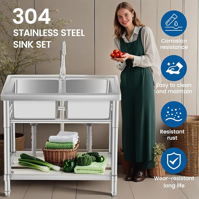 Stainless Steel Utility Sink Free Standing, 33 in Laundry Sink | Double Bowl Commercial Sink with Cold and Hot Water Pipe, for Laundry Room Bathroom Farmhouse Litchen