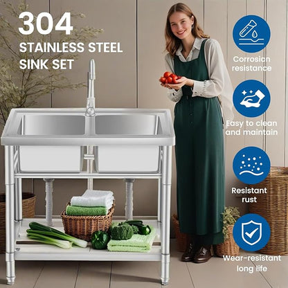 Stainless Steel Utility Sink Free Standing, 33 in Laundry Sink | Double Bowl Commercial Sink with Cold and Hot Water Pipe, for Laundry Room Bathroom Farmhouse Litchen