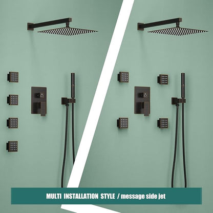 Hoimpro 12 Inch Rainfall Shower Faucet with 4 Full Body Shower Jet Fixtures Combo, Wall Mounted Shower System Set with Rain Mixer Shower Head and 2 in 1 Spray Handheld Showerhead, Oil Rubbed Bronze