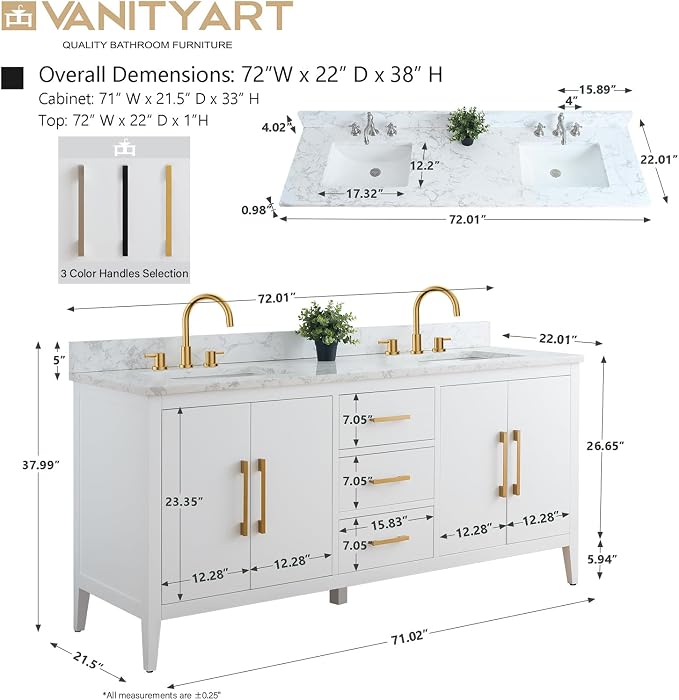 Vanity Art 72 inch Bathroom Vanity with Double Sink & Ceramic Top, Vanity Cabinet with Soft-Closing Doors, Drawers, Solid Wood Frame, White, Golden Brushed Handware