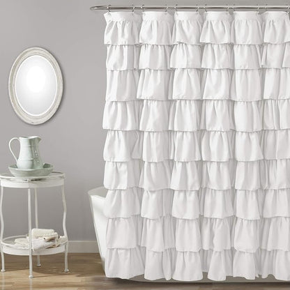 Lush Decor Ruffle Shower Curtain | Floral Textured Vintage Chic Farmhouse Style Design, White, 72" x 72"