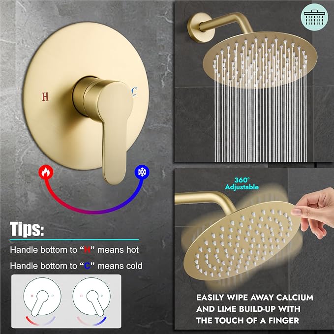 Heyalan 8-Inch Round Rain Shower Faucet Set with Valve,Brushed Gold | SUS304 stainless steel shower head, brass rough-in valve, single-handle control, 1.8 GPM, ideal for bathroom remodels