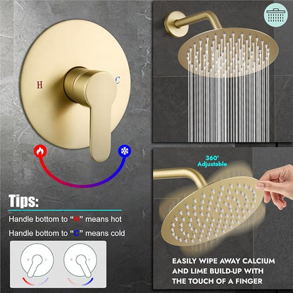 Heyalan 8-Inch Round Rain Shower Faucet Set with Valve,Brushed Gold | SUS304 stainless steel shower head, brass rough-in valve, single-handle control, 1.8 GPM, ideal for bathroom remodels