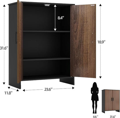 Bathroom Storage Cabinet, Floor Cabinet with 2 Fluted Doors and 2 Adjustable Shelves Wooden Freestanding Organizers and Storage, Black