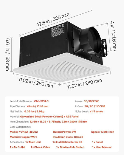 VEVOR Bathroom Exhaust Fan, 50-80-110 CFM Bathroom Vent, Low-Noise, Premium Motor Ceiling Fan, Standard 4-inch Duct Interface for Laundry Room, Storage Room, Home Ventilation, White