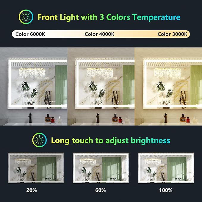 60x38 LED Bathroom Mirror with Lights, RGB Backlit Lighted Mirror | Backlit and Front Light, Anti-Fog, 3 Color Dimmable, Memory, Tempered Glass, IP54 Waterproof, UL Listed