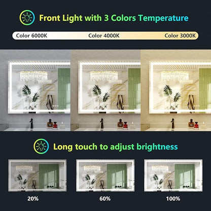 65x36 LED Bathroom Mirror with Lights, RGB Backlit Lighted Mirror | Backlit and Front Light, Anti-Fog, 3 Color Dimmable, Memory, Tempered Glass, IP54 Waterproof, UL Listed