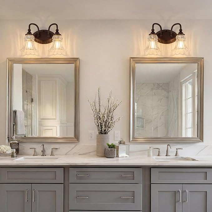 2-Light Vintage Bathroom Light Fixtures, Oil Rubbed Bronze | Vanity Lights Over Mirror with Floral Glass Shade for Bathroom Powder Room, Living Room Hallway