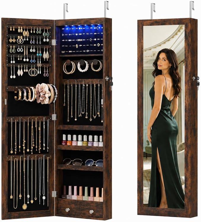 Jewelry Armoire, 47.2" Tall Lockable Jewelry Organizers and Storage Cabinet with Full-Length Mirror, 6 LEDs Mirror Jewelry Cabinet, Wall or Door Mounted Jewelry Storage for Women Bedroom, Gift Idea