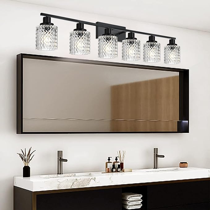 MELUCEE 6 Lights Bathroom Lighting Fixtures Over Mirror Black | Vanity Light with Hammered Glass Shade Indoor Wall Mounted Lamp for Bathroom Bedroom Kitchen