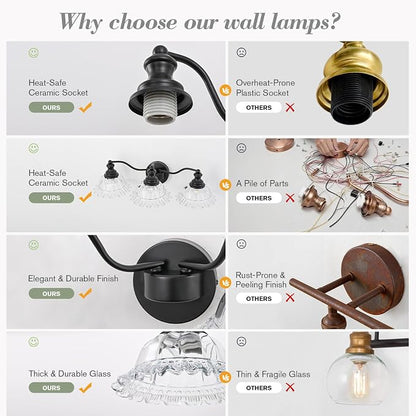 Black Bathroom Light Fixtures Over Mirror, 3 Light Vintage Bathroom Vanity Light Fixture with Clear Flower Glass Shades, Retro Vanity Lights for Bathroom, Bathroom Vanity Lights Over Mirror