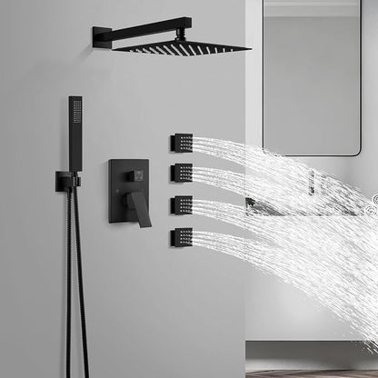 gotonovo Rainfall Shower System with Full Body Jets 4pcs Matte Black | 12’’ Rainfall Shower Head with Handheld Spray Combo,Wall Mount,Rough-in Valve and Trim Kit,Brass Body Message Jets,All Metal