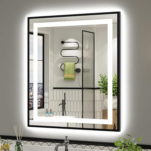 36x30 Inch LED Bathroom Mirror with Black Frame, Backlit & Front Lit, Anti-Fog Lighted Bathroom Vanity Mirror for Wall, Memory Function, Dimmable, HD Tempered Glass, Shatter-Proof