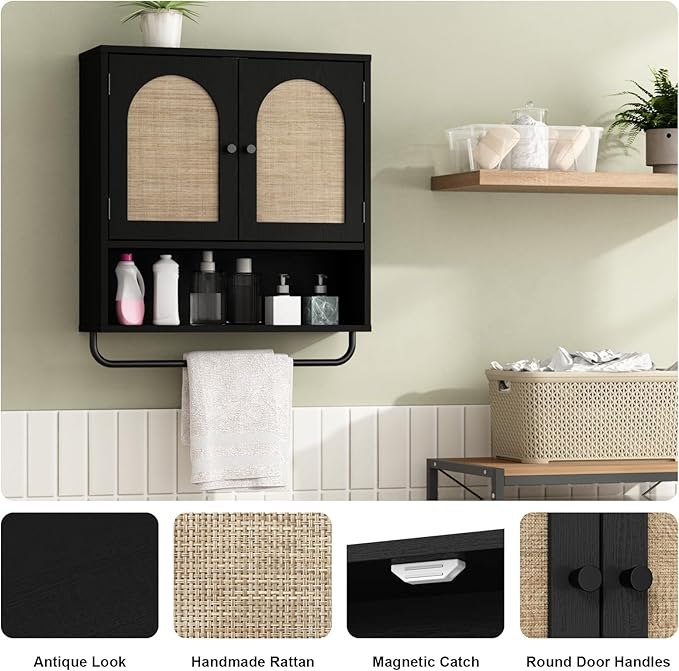 RUSTOWN Rattan Bathroom Wall Cabinet, Boho Medicine Cabinet with 2 Doors | Arched Doors, Farmhouse Over The Toilet Storage Cabinets, Adjustable Shelves, Towel Bar, 3-Tier Wall Mounted Cabinets