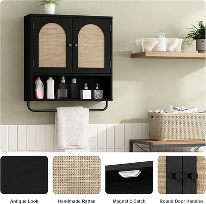 RUSTOWN Rattan Bathroom Wall Cabinet, Boho Medicine Cabinet with 2 Doors | Arched Doors, Farmhouse Over The Toilet Storage Cabinets, Adjustable Shelves, Towel Bar, 3-Tier Wall Mounted Cabinets